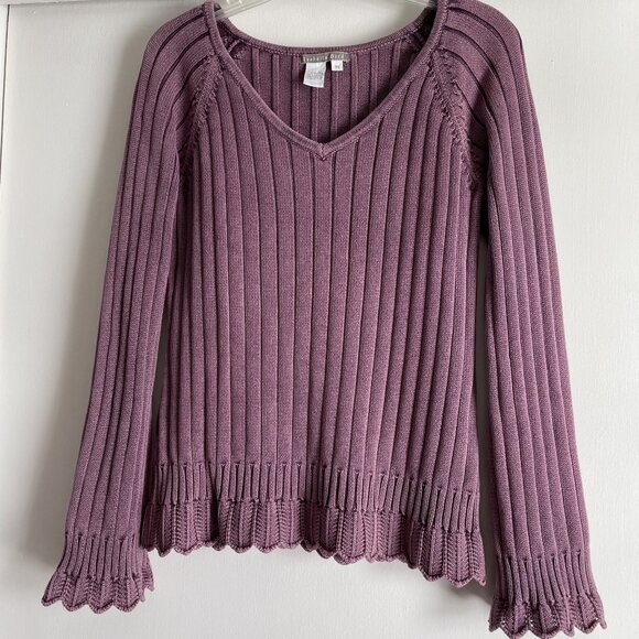 Anthropologie Isabella Bird V Neck Sweater Size M Purple Ribbed Cable Knit - Picture 4 of 10